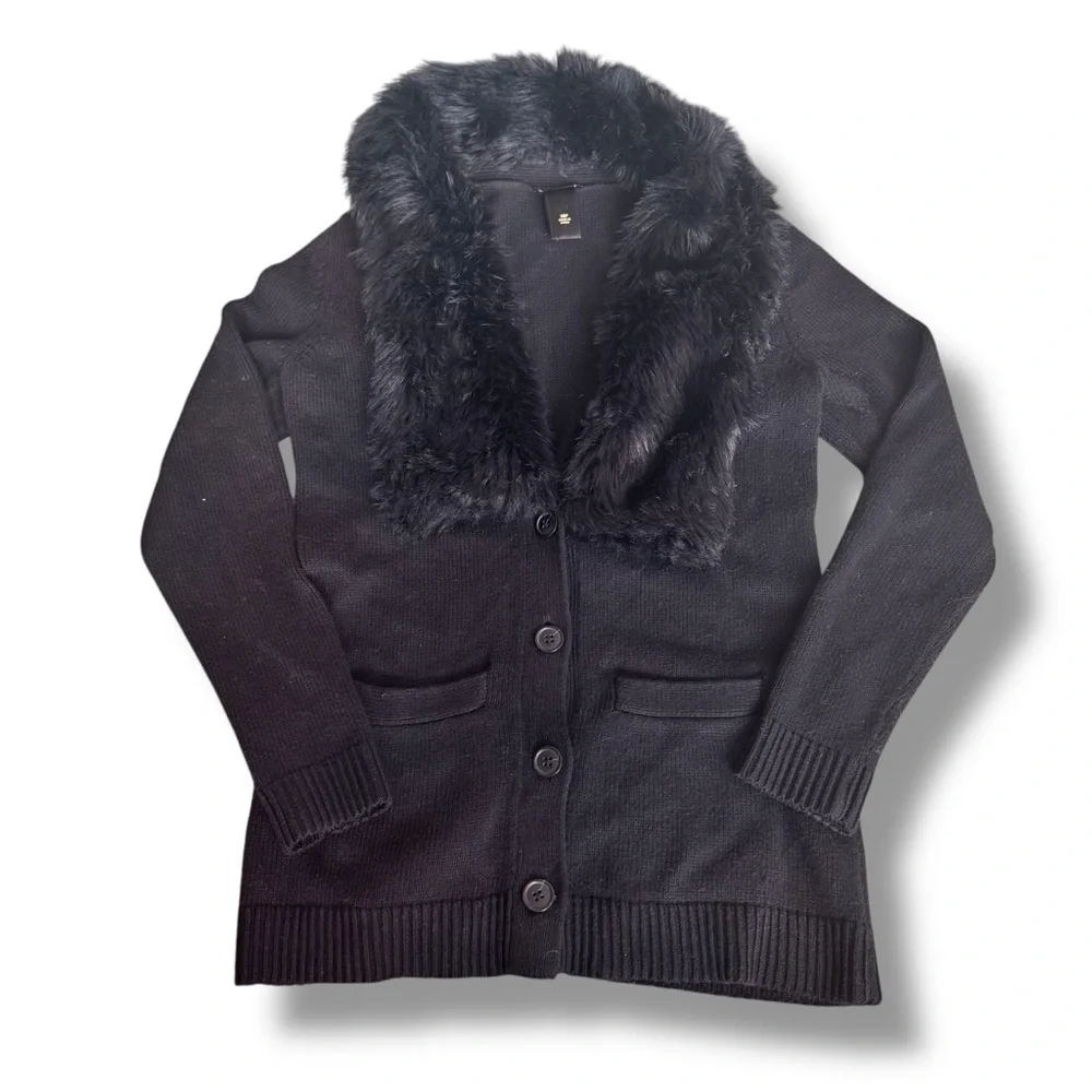 90s Y2K Faux Fur Collar Cardigan Sweater black XS Womens